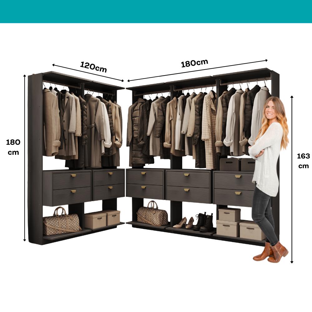 Guarda-Roupas Closet Modulado Alasca 300cm 5 Peças com 10 Gavetas e Cabideiros Preto Touch Carraro