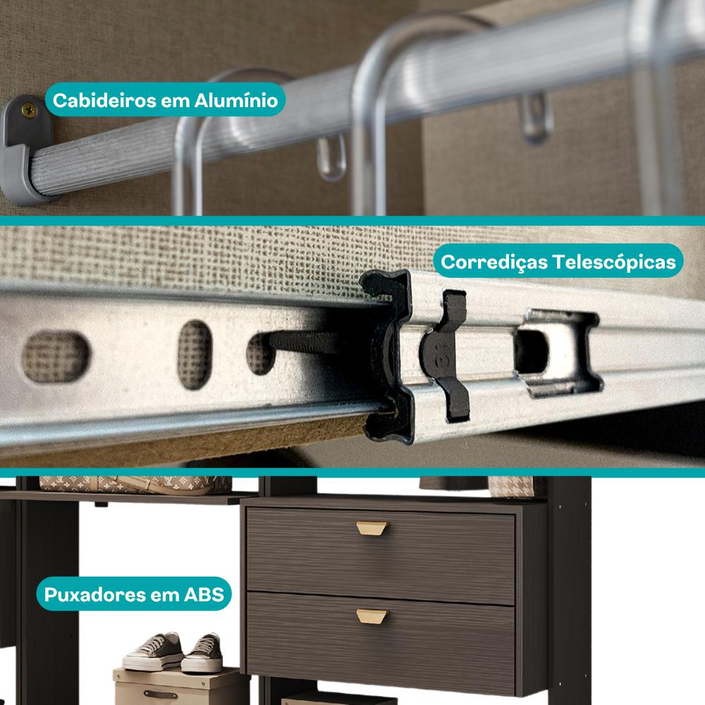 Guarda-Roupas Closet Modulado Alasca 300cm 5 Peças com 10 Gavetas e Cabideiros Preto Touch Carraro