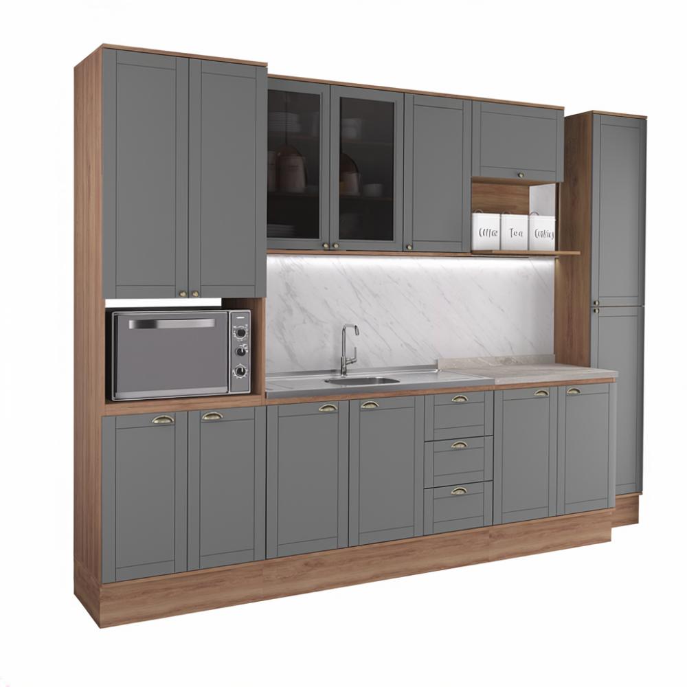 Armário de Cozinha Completa com Balcão Milla Cadenza Carraro Nogal com Cinza Titânio