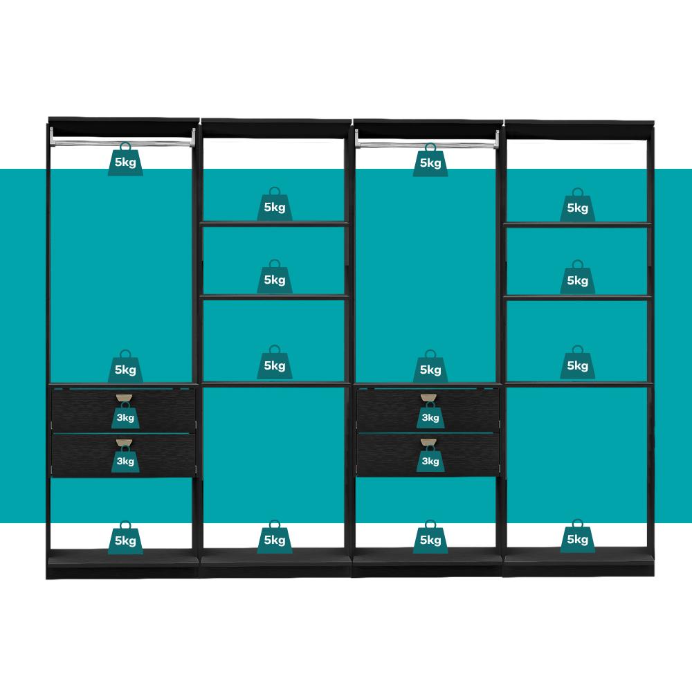 Guarda-Roupas Closet Modulado Alasca 240cm 4 Peças com 4 Gavetas e Cabideiros Preto Touch Carraro