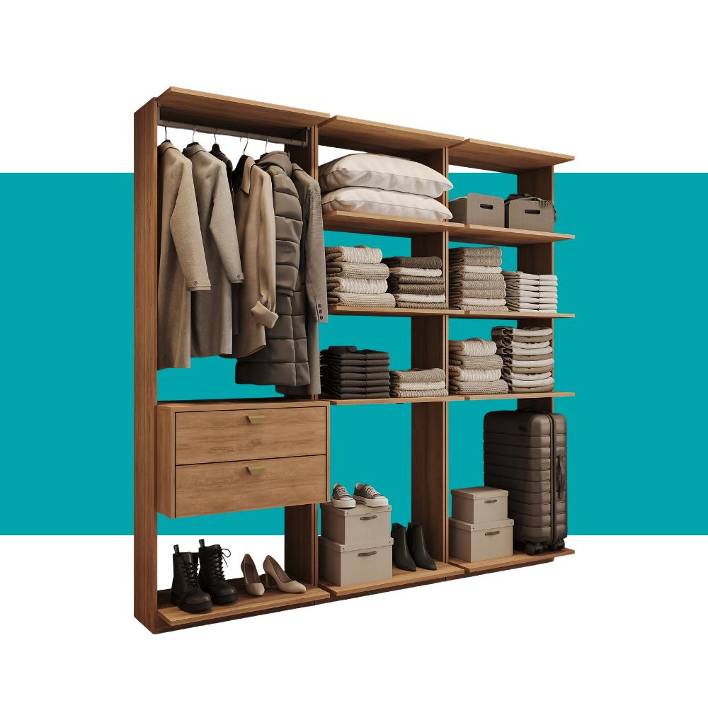 Guarda-Roupas Closet Modulado Alasca 180cm 3 Peças com 2 Gavetas e Cabideiros Freijó Carraro