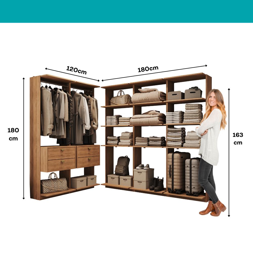Guarda-Roupas Closet Modulado Alasca 300cm 5 Peças com 4 Gavetas e Cabideiros Freijó Carraro