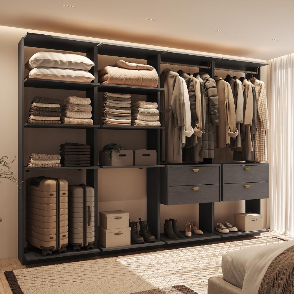 Guarda-Roupas Closet Modulado Alasca One 240cm 4 Peças com 4 Gavetas e Cabideiros Preto Touch Carraro