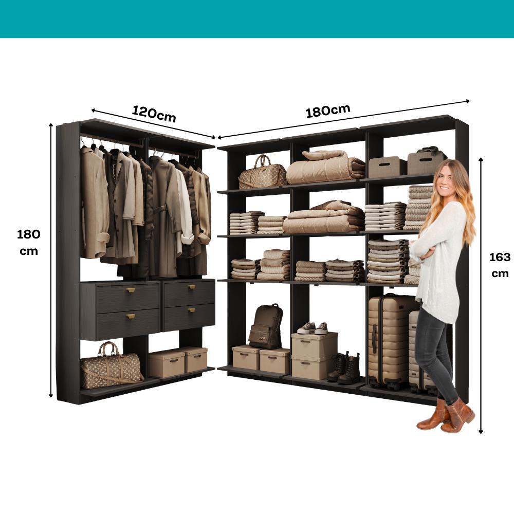 Guarda-Roupas Closet Modulado Alasca 300cm 5 Peças com 4 Gavetas e Cabideiros Preto Touch Carraro
