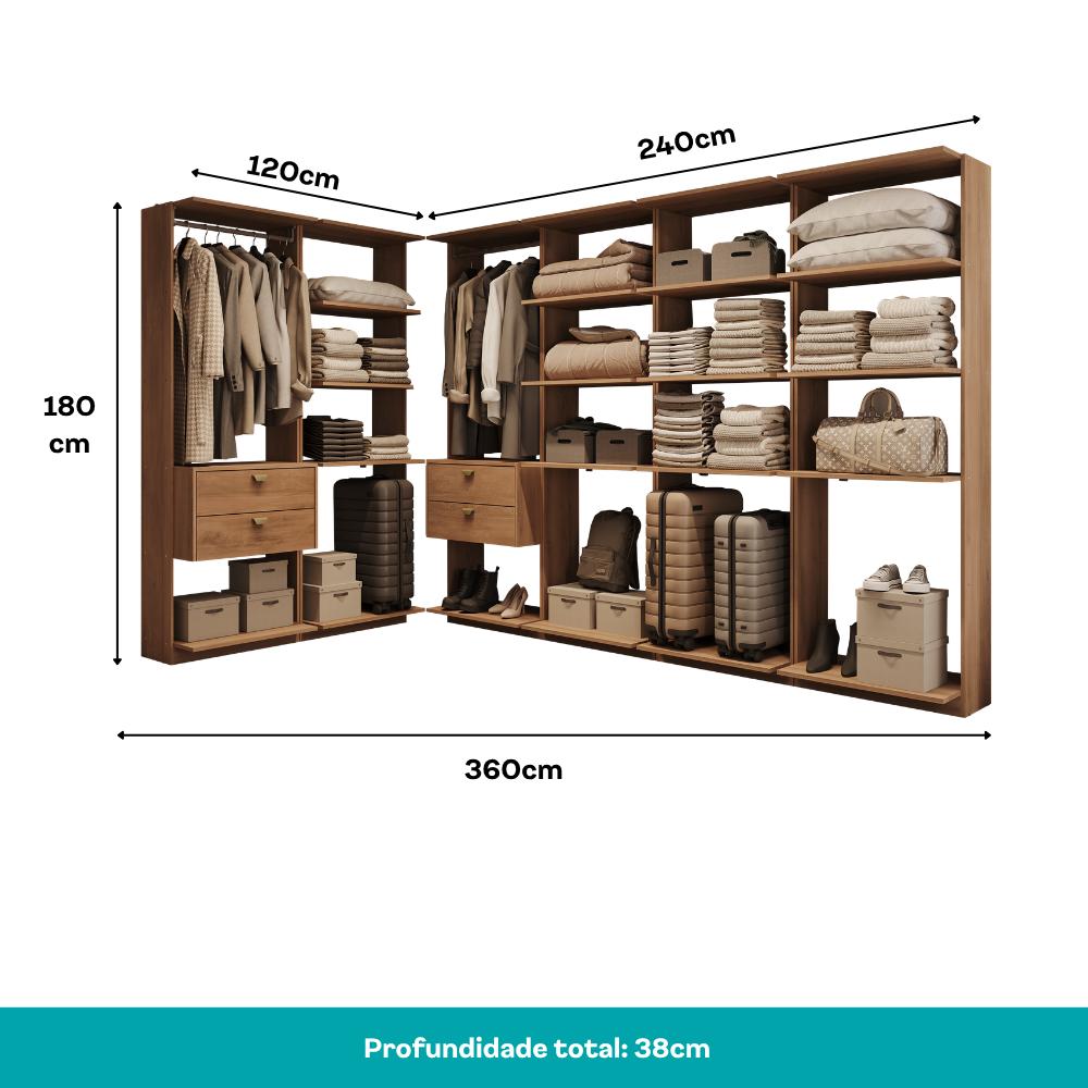 Guarda-Roupas Closet Modulado Alasca 360cm 6 Peças com 4 Gavetas e Cabideiros Freijó Carraro
