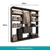 Guarda-Roupas Closet Modulado Alasca One 180cm 3 Peças com 2 Gavetas e Cabideiros Preto Touch Carraro