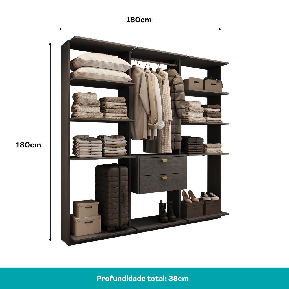 Guarda-Roupas Closet Modulado Alasca One 180cm 3 Peças com 2 Gavetas e Cabideiros Preto Touch Carraro