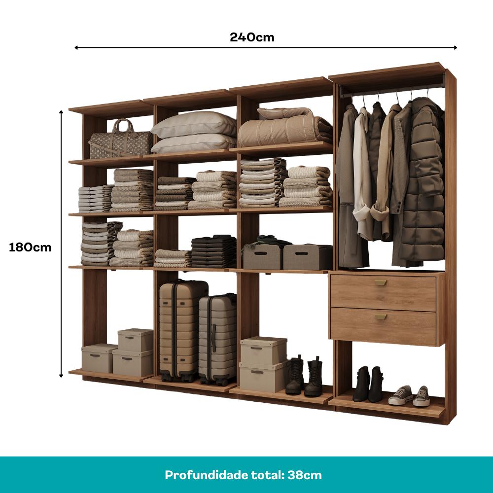 Guarda-Roupas Closet Modulado Alasca One 240cm 4 Peças com 2 Gavetas e Cabideiros Freijó Carraro