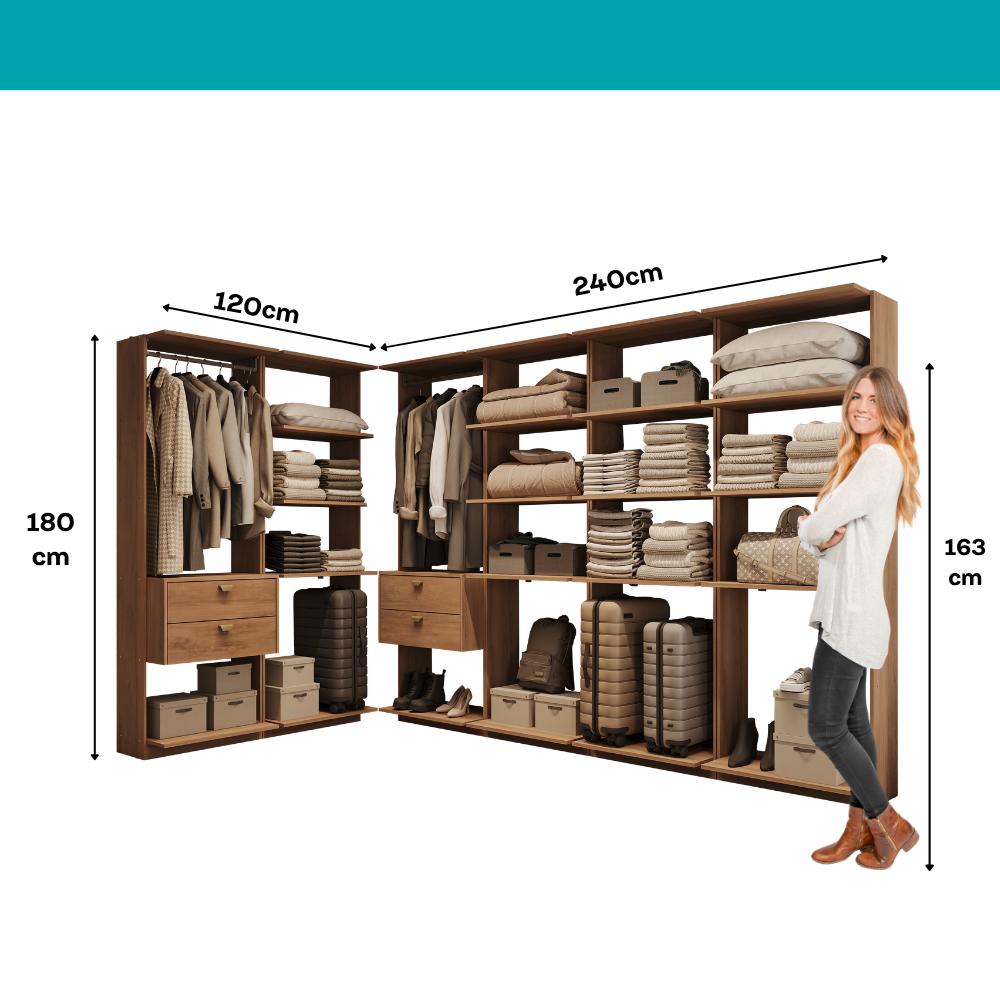 Guarda-Roupas Closet Modulado Alasca 360cm 6 Peças com 4 Gavetas e Cabideiros Freijó Carraro