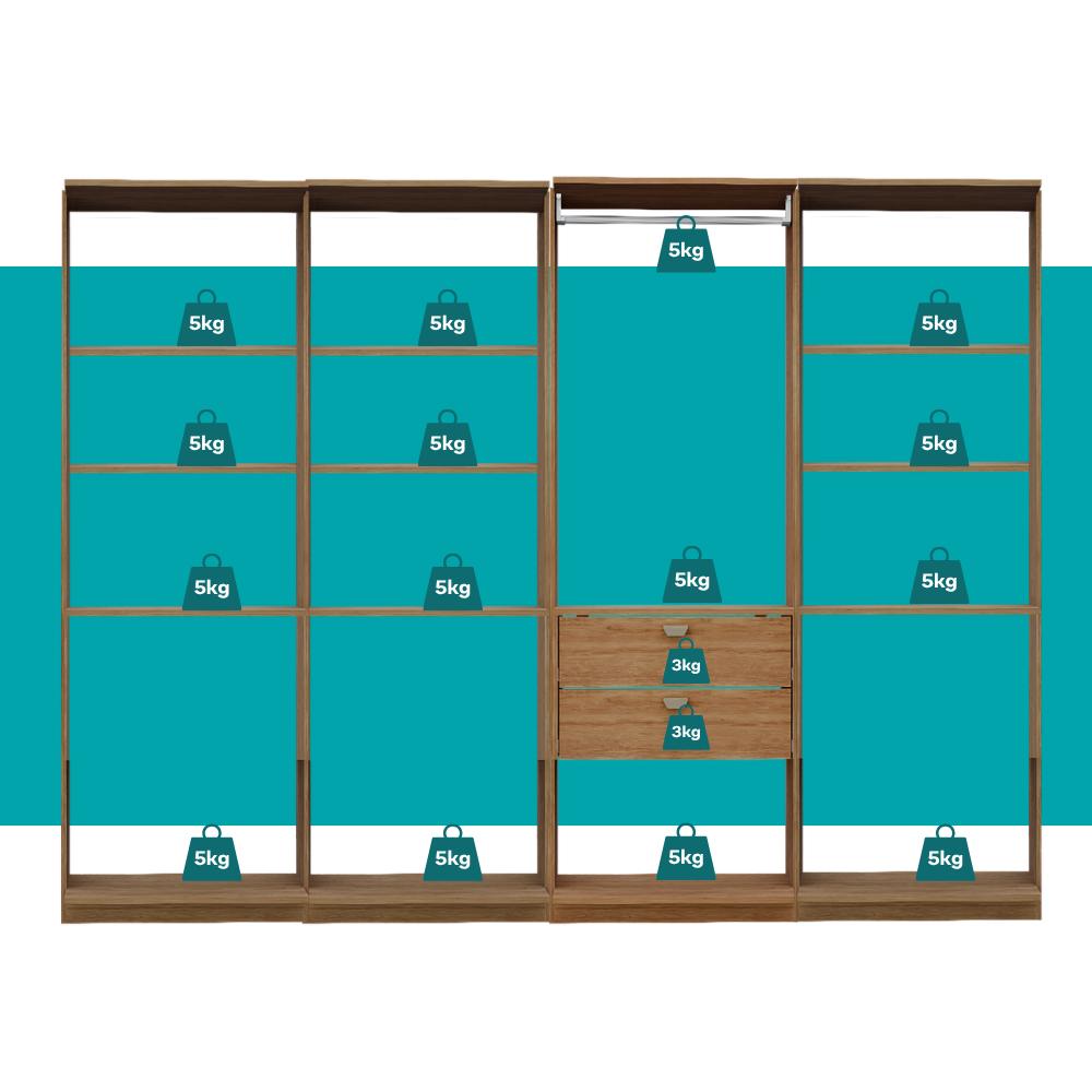 Guarda-Roupas Closet Modulado Alasca 240cm 4 Peças com 2 Gavetas e Cabideiros Freijó Carraro