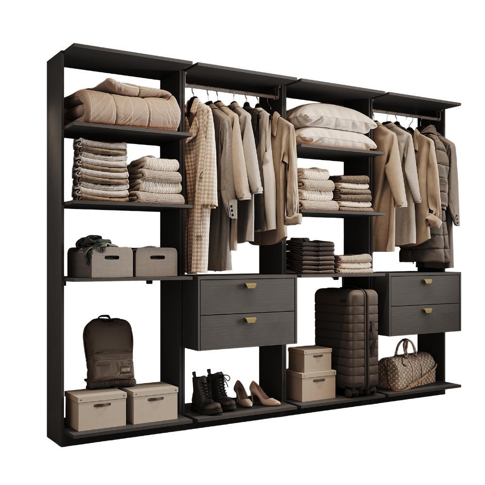 Guarda-Roupas Closet Modulado Alasca Duo 240cm 4 Peças com 4 Gavetas e Cabideiros Preto Touch Carraro