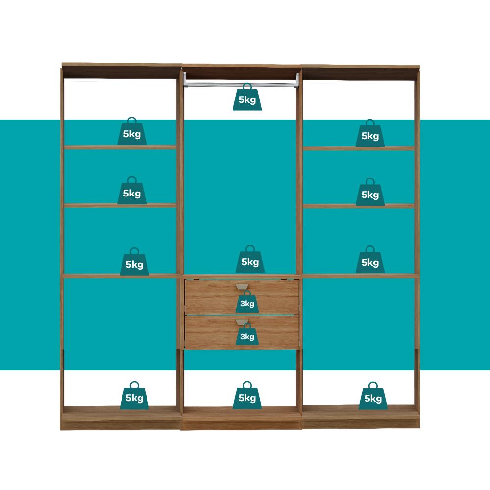 Guarda-Roupas Closet Modulado Alasca One 180cm 3 Peças com 2 Gavetas e Cabideiros Freijó Carraro