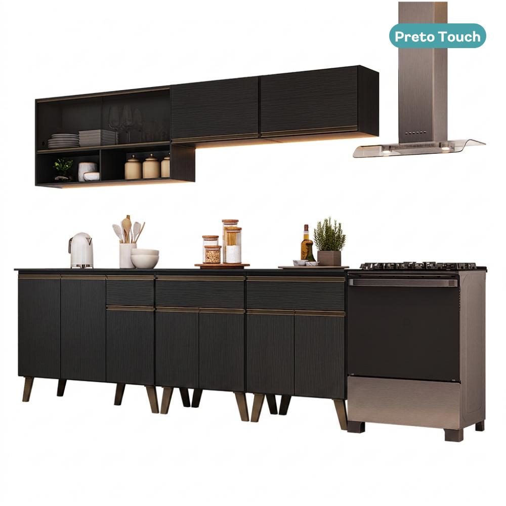 Armário de Cozinha Completa Atlanta Nexo com Vidro Carraro Preto Touch
