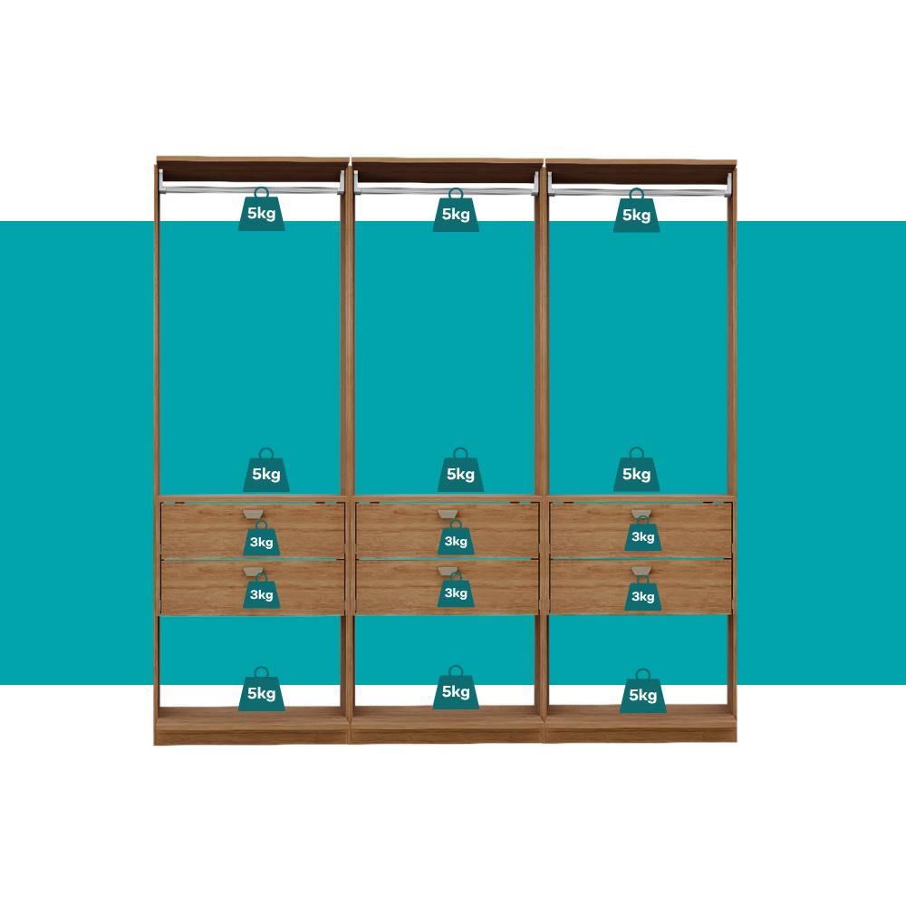 Guarda-Roupas Closet Modulado Alasca 180cm 3 Peças com 6 Gavetas e Cabideiros Freijó Carraro