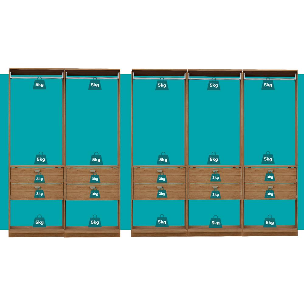 Guarda-Roupas Closet Modulado Alasca 300cm 5 Peças com 10 Gavetas e Cabideiros Freijó Carraro