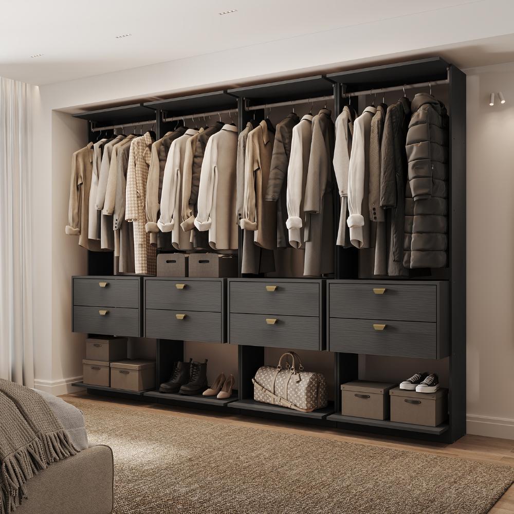 Guarda-Roupas Closet Modulado Alasca 240cm 4 Peças com 8 Gavetas e Cabideiros Preto Touch Carraro