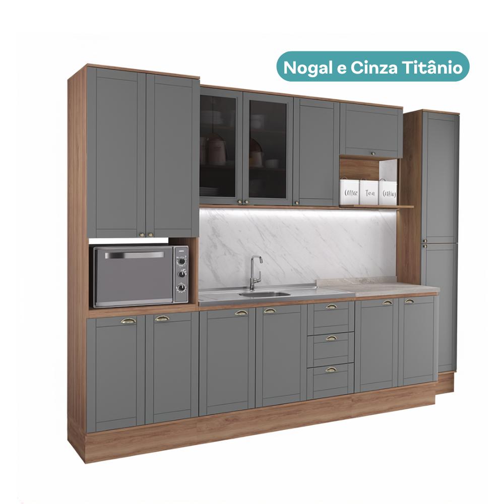 Armário de Cozinha Completa com Balcão Milla Cadenza Carraro Nogal com Cinza Titânio