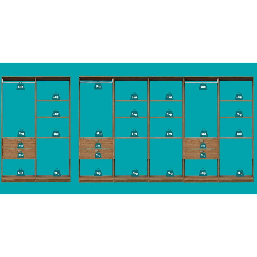 Guarda-Roupas Closet Modulado Alasca 420cm 7 Peças com 6 Gavetas e Cabideiros Freijó Carraro