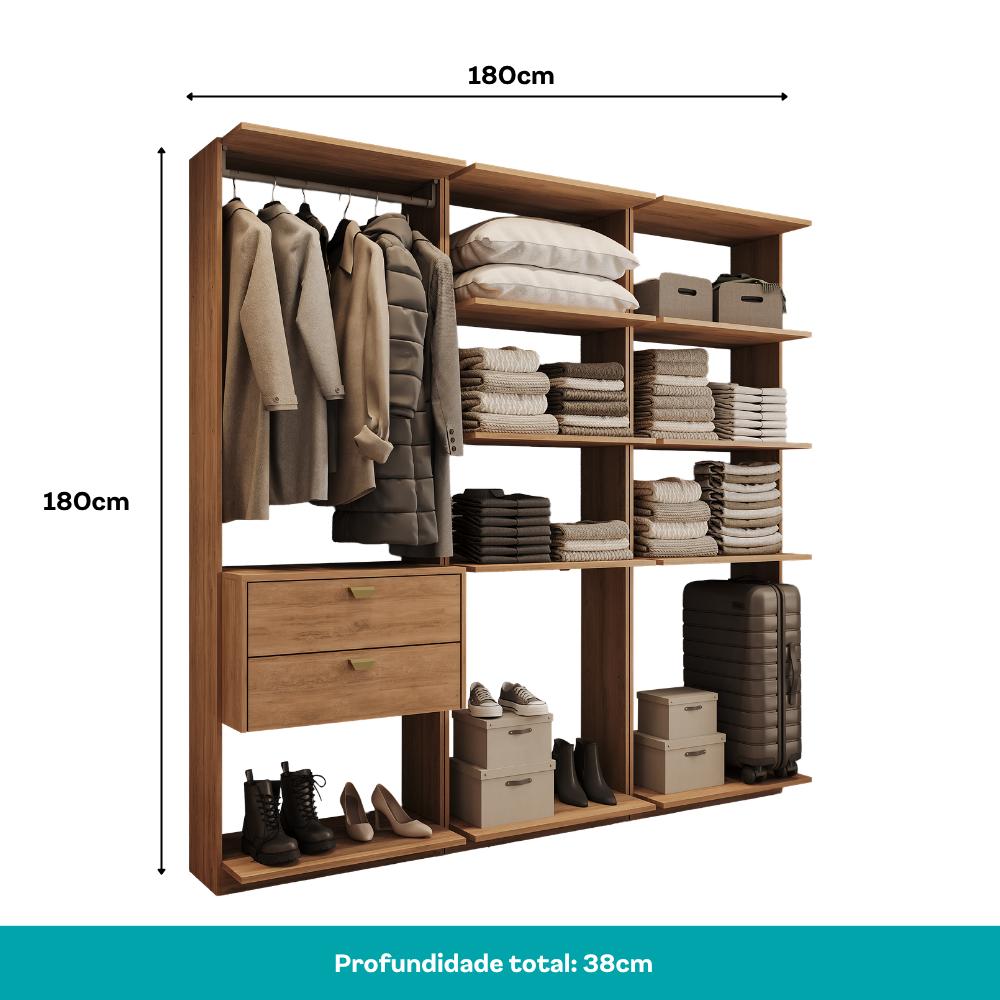 Guarda-Roupas Closet Modulado Alasca 180cm 3 Peças com 2 Gavetas e Cabideiros Freijó Carraro