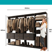 Guarda-Roupas Closet Modulado Alasca 240cm 4 Peças com 6 Gavetas e Cabideiros Preto Touch Carraro