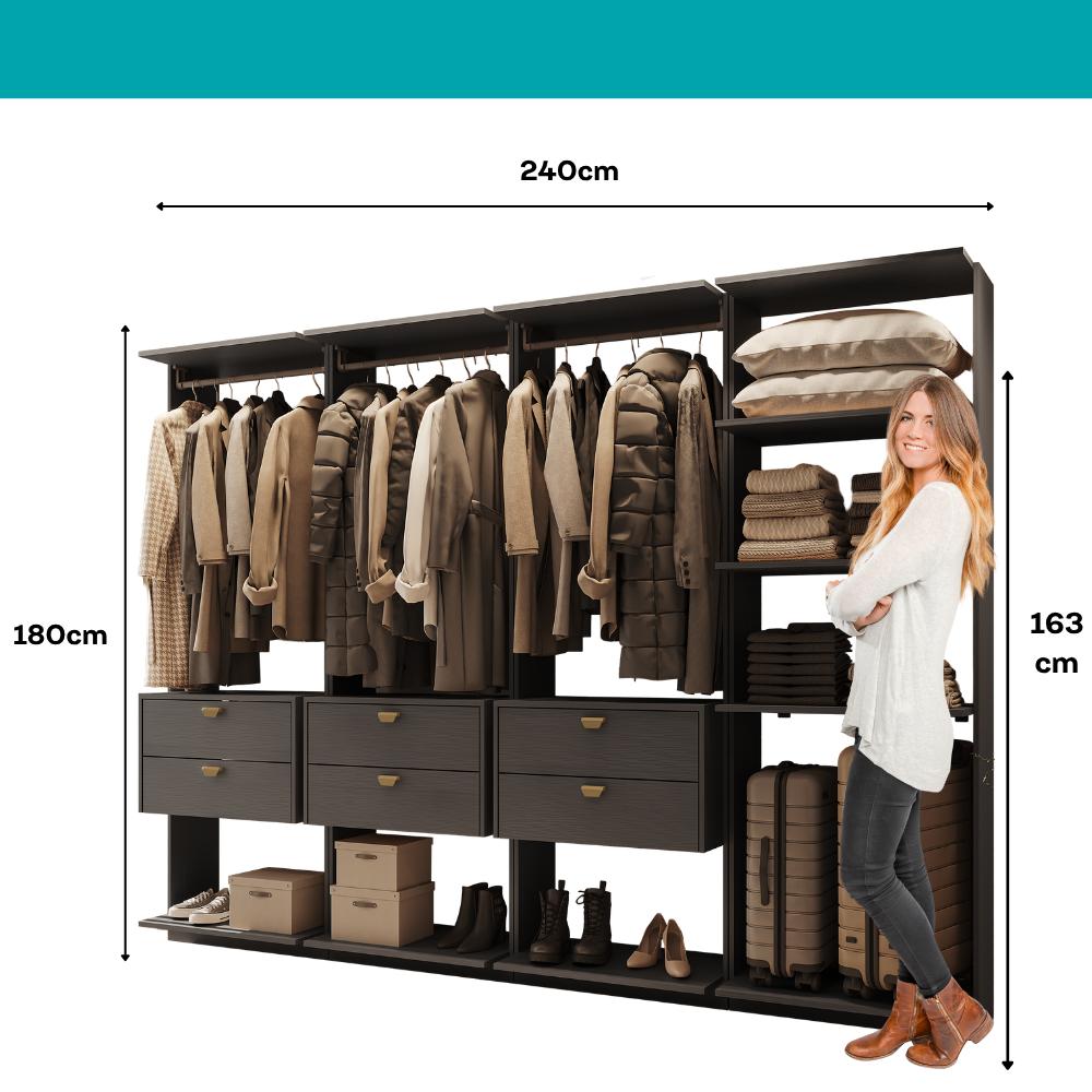 Guarda-Roupas Closet Modulado Alasca 240cm 4 Peças com 6 Gavetas e Cabideiros Preto Touch Carraro