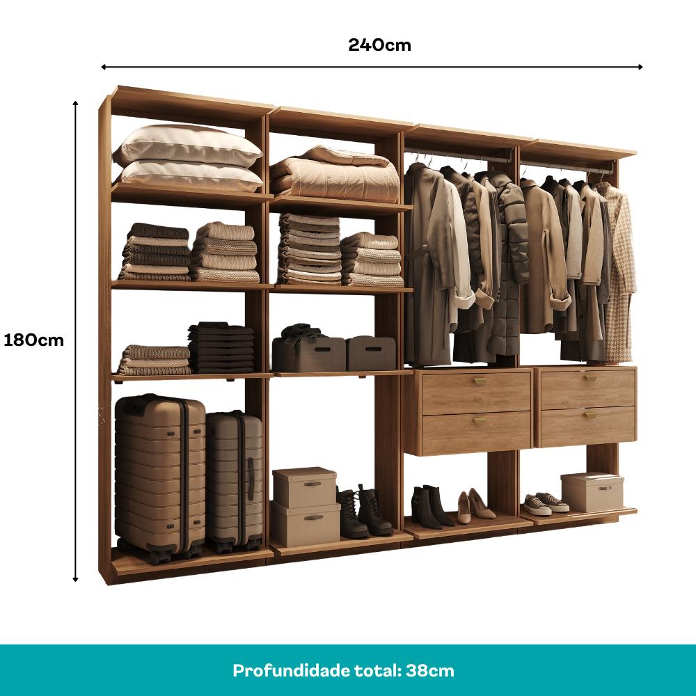 Guarda-Roupas Closet Modulado Alasca One 240cm 4 Peças com 4 Gavetas e Cabideiros Freijó Carraro