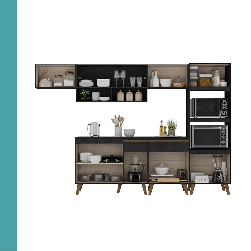 Armário de Cozinha Completa Atlanta Flux com Vidro Carraro Preto Touch