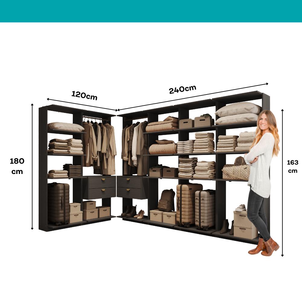 Guarda-Roupas Closet Modulado Alasca One 360cm 6 Peças com 4 Gavetas e Cabideiros Preto Touch Carraro