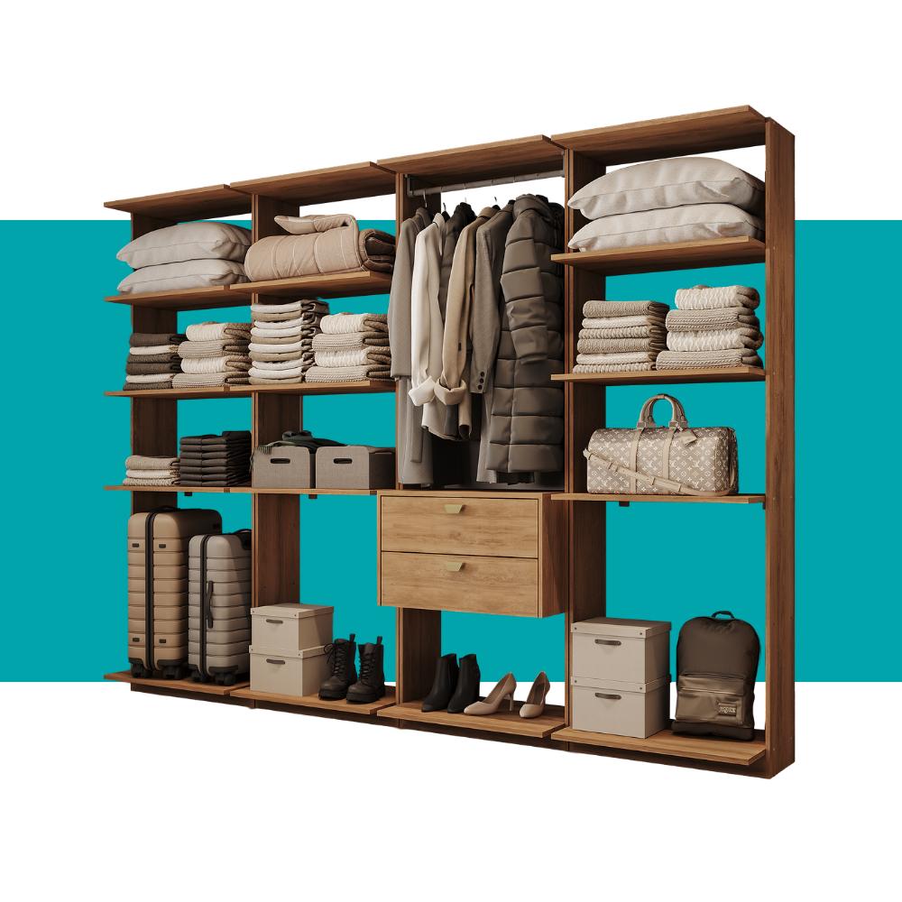 Guarda-Roupas Closet Modulado Alasca 240cm 4 Peças com 2 Gavetas e Cabideiros Freijó Carraro