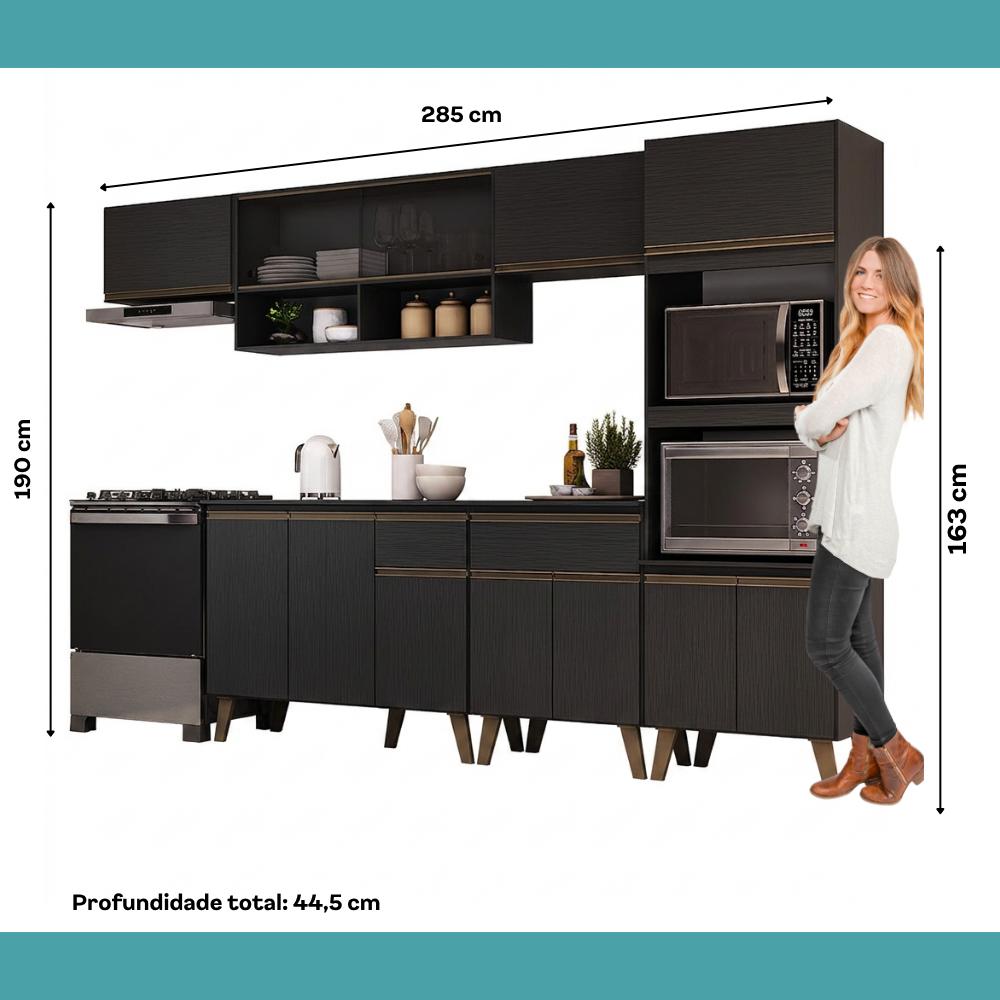 Armário de Cozinha Completa Atlanta Flux com Vidro Carraro Preto Touch