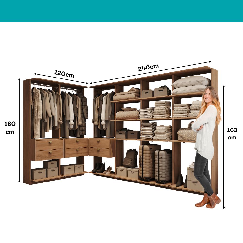 Guarda-Roupas Closet Modulado Alasca 360cm 6 Peças com 6 Gavetas e Cabideiros Freijó Carraro