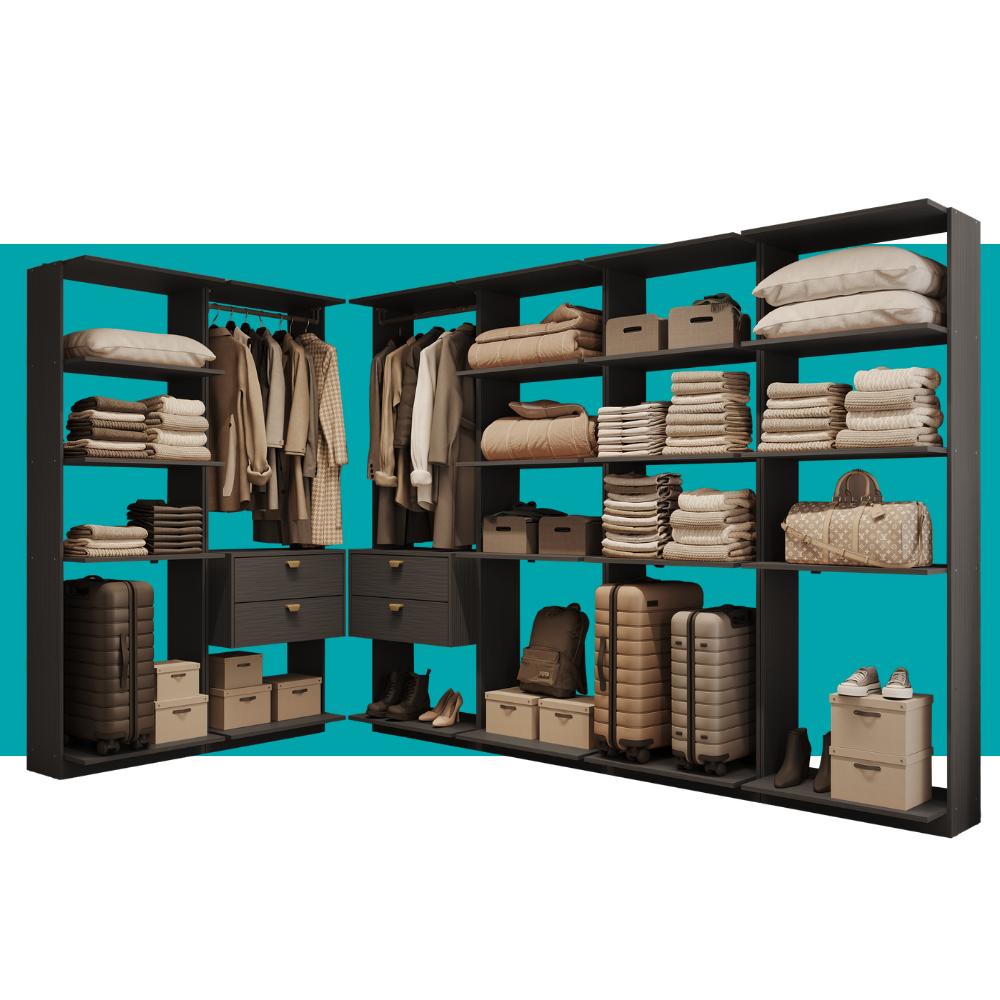 Guarda-Roupas Closet Modulado Alasca One 360cm 6 Peças com 4 Gavetas e Cabideiros Preto Touch Carraro