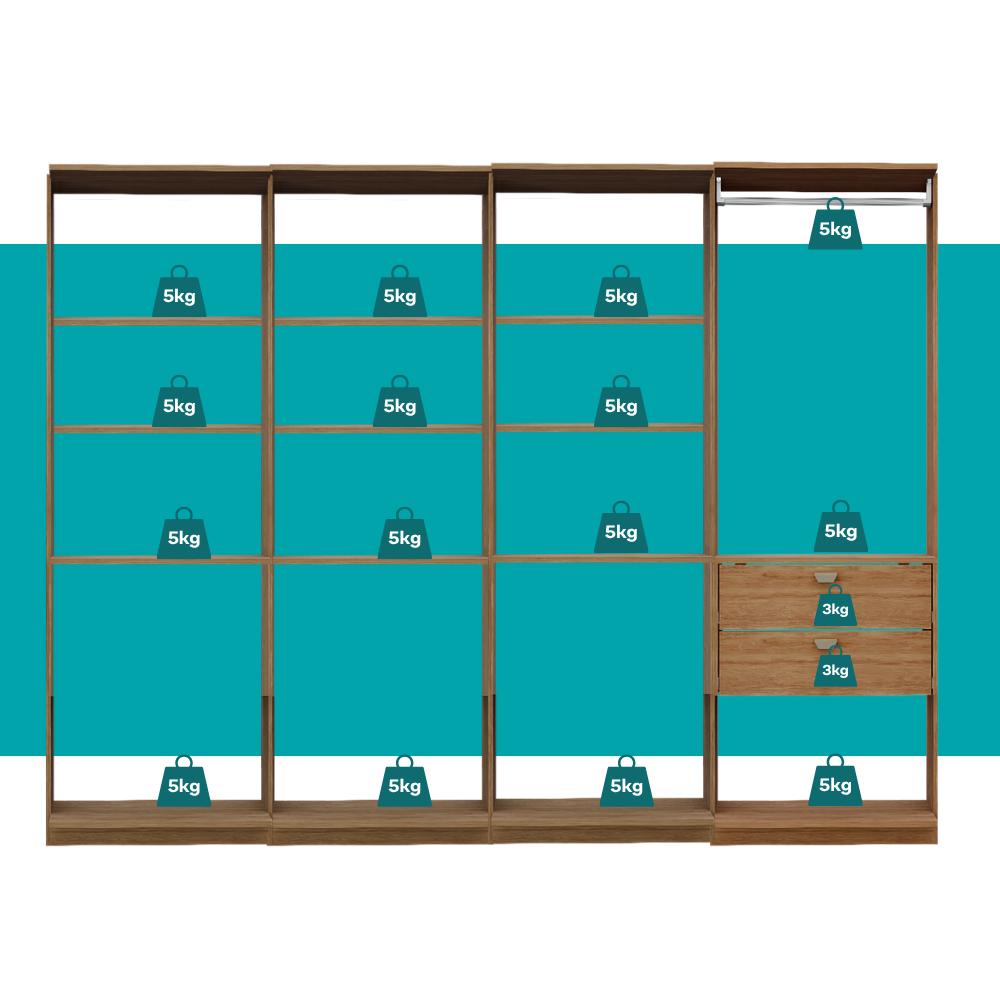 Guarda-Roupas Closet Modulado Alasca One 240cm 4 Peças com 2 Gavetas e Cabideiros Freijó Carraro