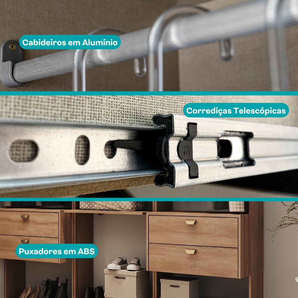 Guarda-Roupas Closet Modulado Alasca 180cm 3 Peças com 6 Gavetas e Cabideiros Freijó Carraro
