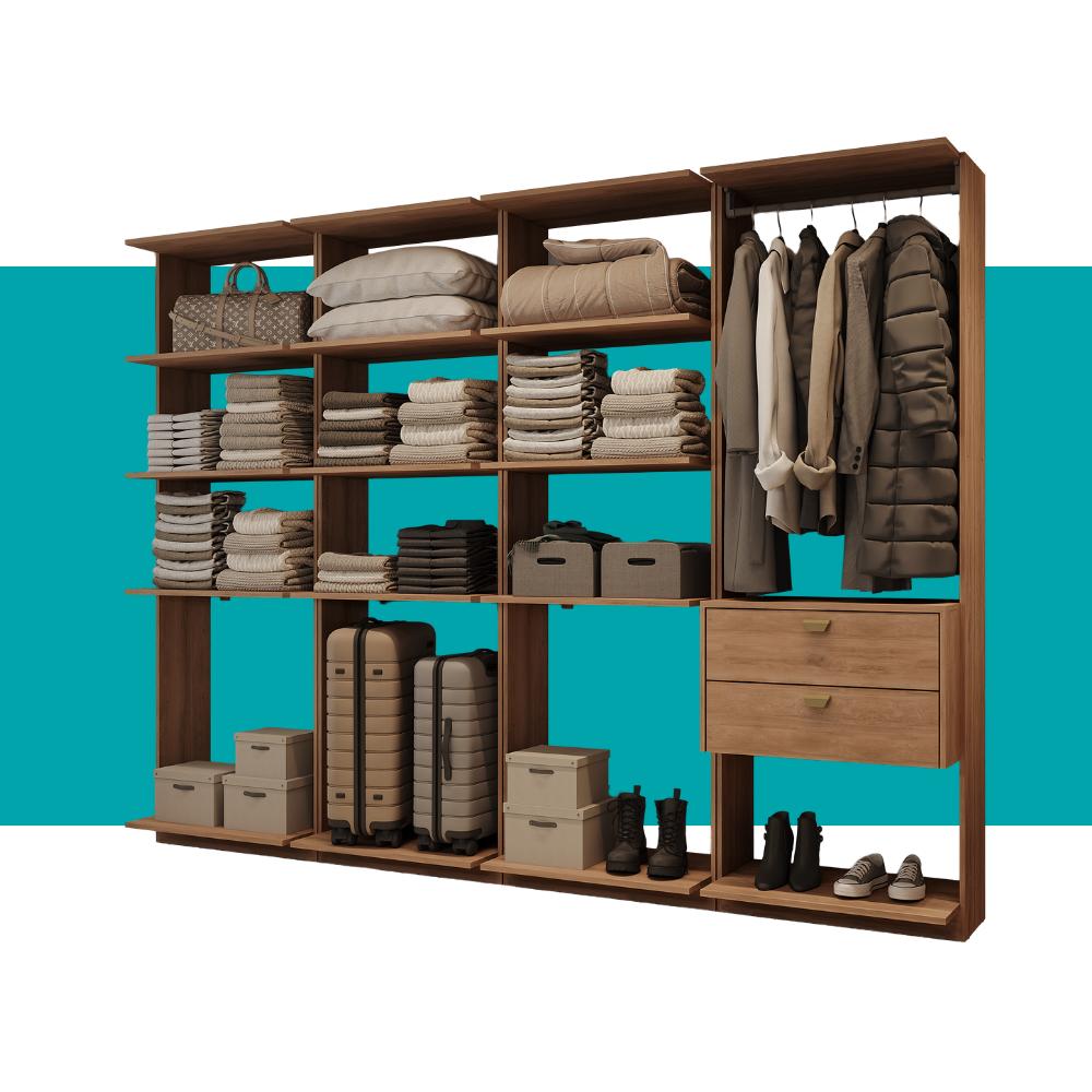 Guarda-Roupas Closet Modulado Alasca One 240cm 4 Peças com 2 Gavetas e Cabideiros Freijó Carraro