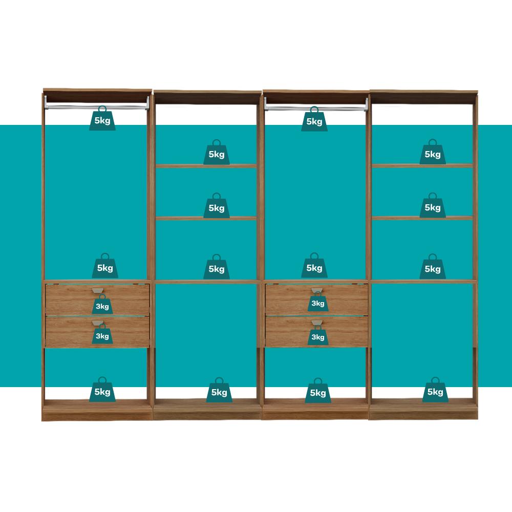 Guarda-Roupas Closet Modulado Alasca 240cm 4 Peças com 4 Gavetas e Cabideiros Freijó Carraro