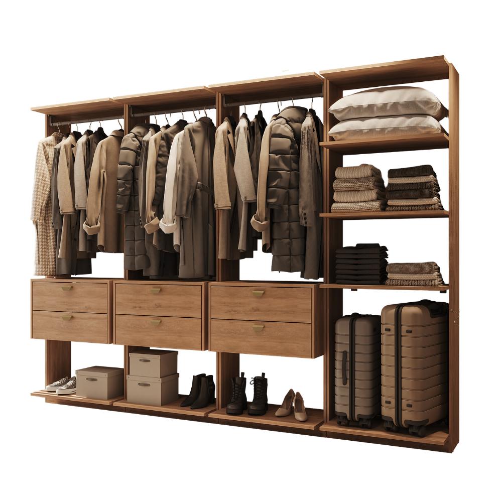 Guarda-Roupas Closet Modulado Alasca 240cm 4 Peças com 6 Gavetas e Cabideiros Freijó Carraro