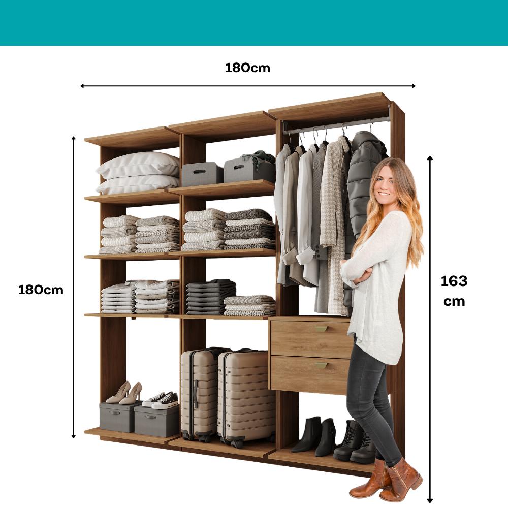 Guarda-Roupas Closet Modulado Alasca Duo 180cm 3 Peças com 2 Gavetas e Cabideiros Freijó Carraro