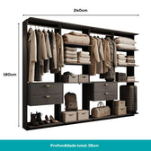 Guarda-Roupas Closet Modulado Alasca 240cm 4 Peças com 4 Gavetas e Cabideiros Preto Touch Carraro