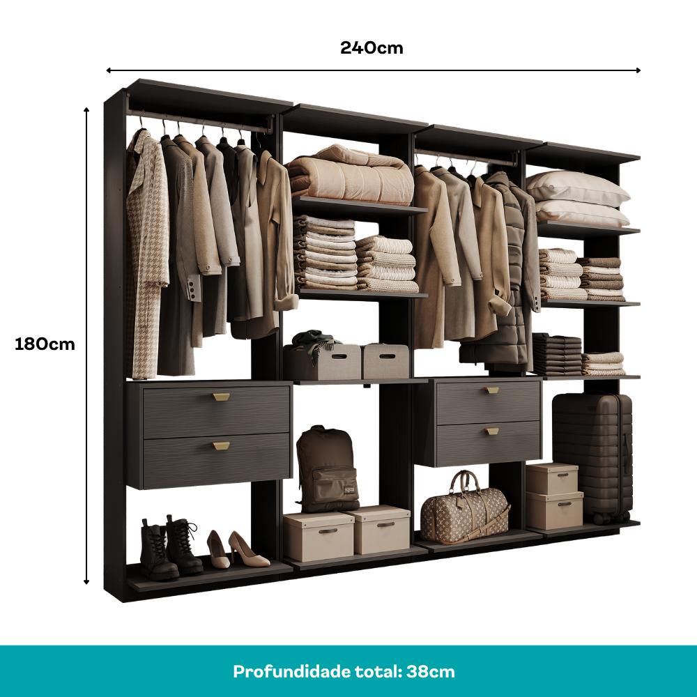 Guarda-Roupas Closet Modulado Alasca 240cm 4 Peças com 4 Gavetas e Cabideiros Preto Touch Carraro