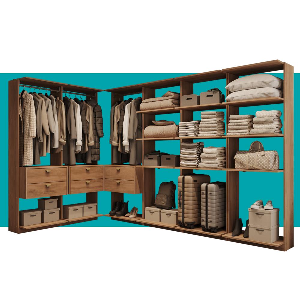 Guarda-Roupas Closet Modulado Alasca 360cm 6 Peças com 6 Gavetas e Cabideiros Freijó Carraro