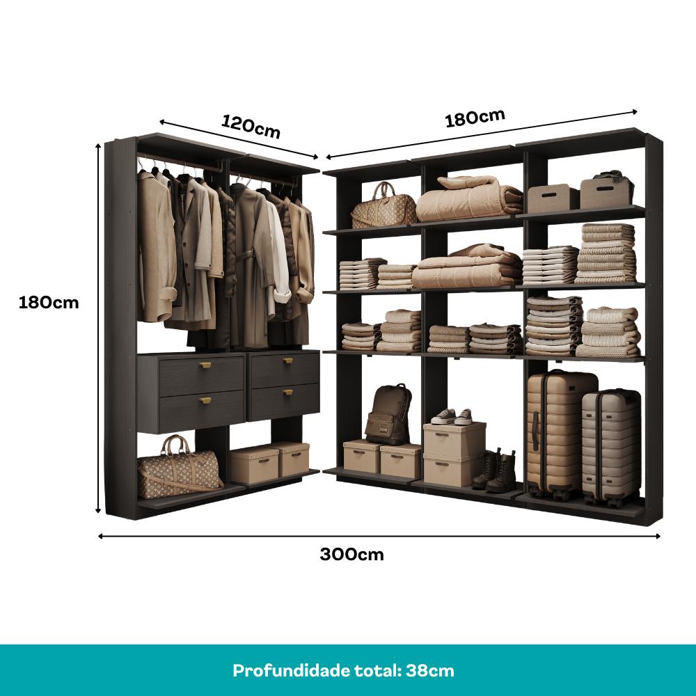 Guarda-Roupas Closet Modulado Alasca 300cm 5 Peças com 4 Gavetas e Cabideiros Preto Touch Carraro