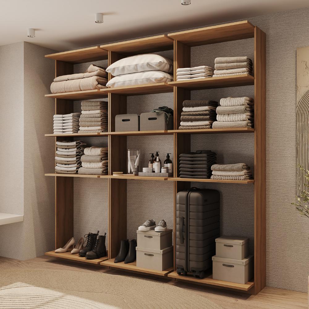 Guarda-Roupas Closet Modulado Alasca 180cm 3 Peças com 9 Prateleiras Freijó Carraro