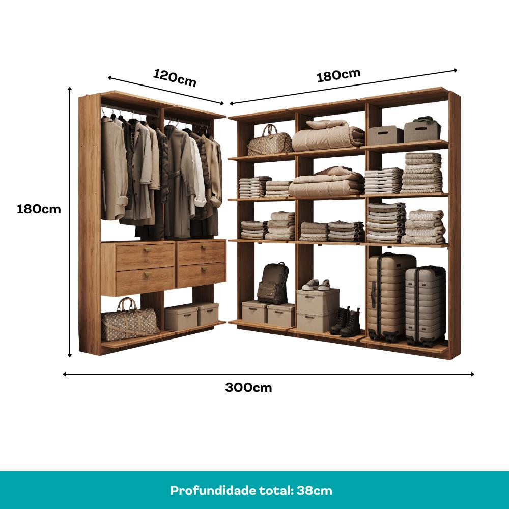 Guarda-Roupas Closet Modulado Alasca 300cm 5 Peças com 4 Gavetas e Cabideiros Freijó Carraro