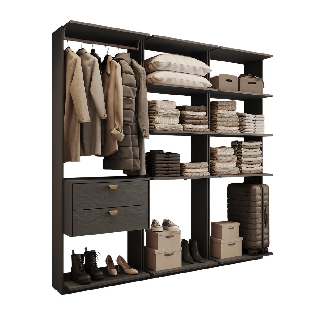 Guarda-Roupas Closet Modulado Alasca 180cm 3 Peças com 2 Gavetas e Cabideiros Preto Touch Carraro