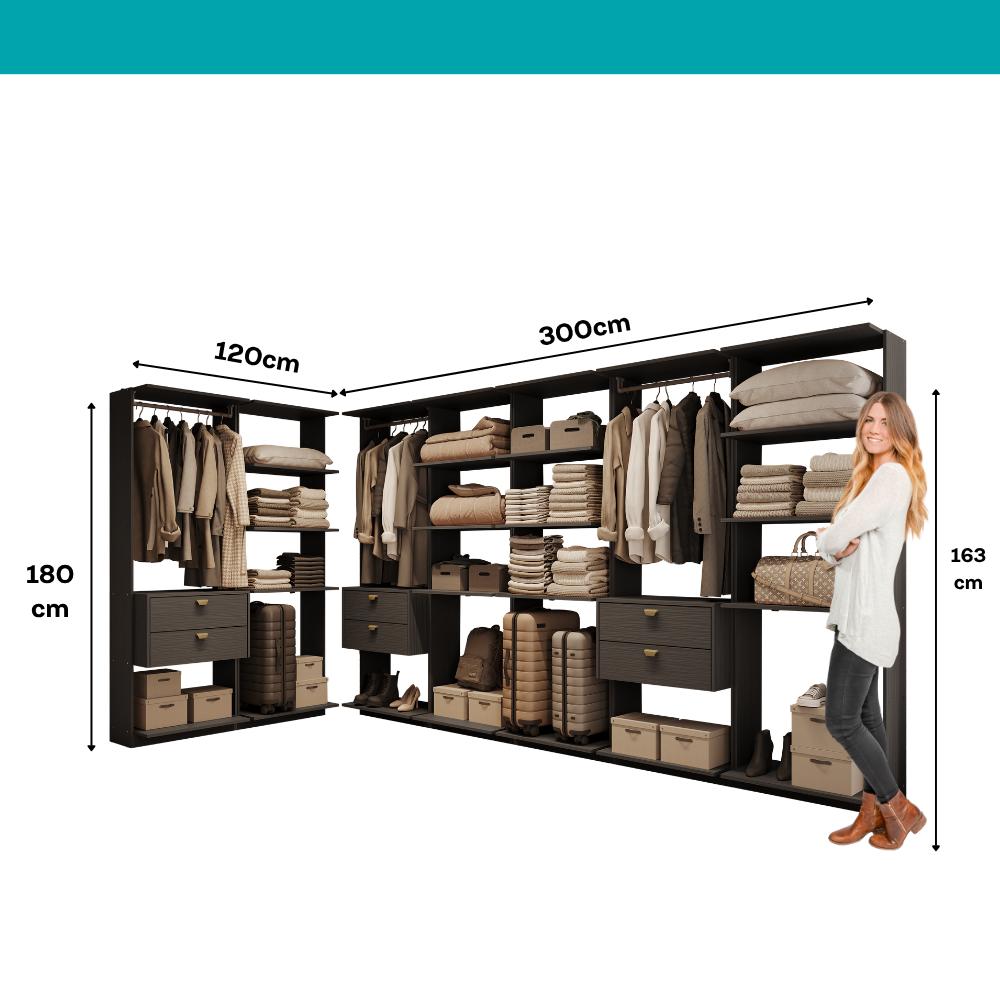 Guarda-Roupas Closet Modulado Alasca 420cm 7 Peças com 6 Gavetas e Cabideiros Preto Touch Carraro
