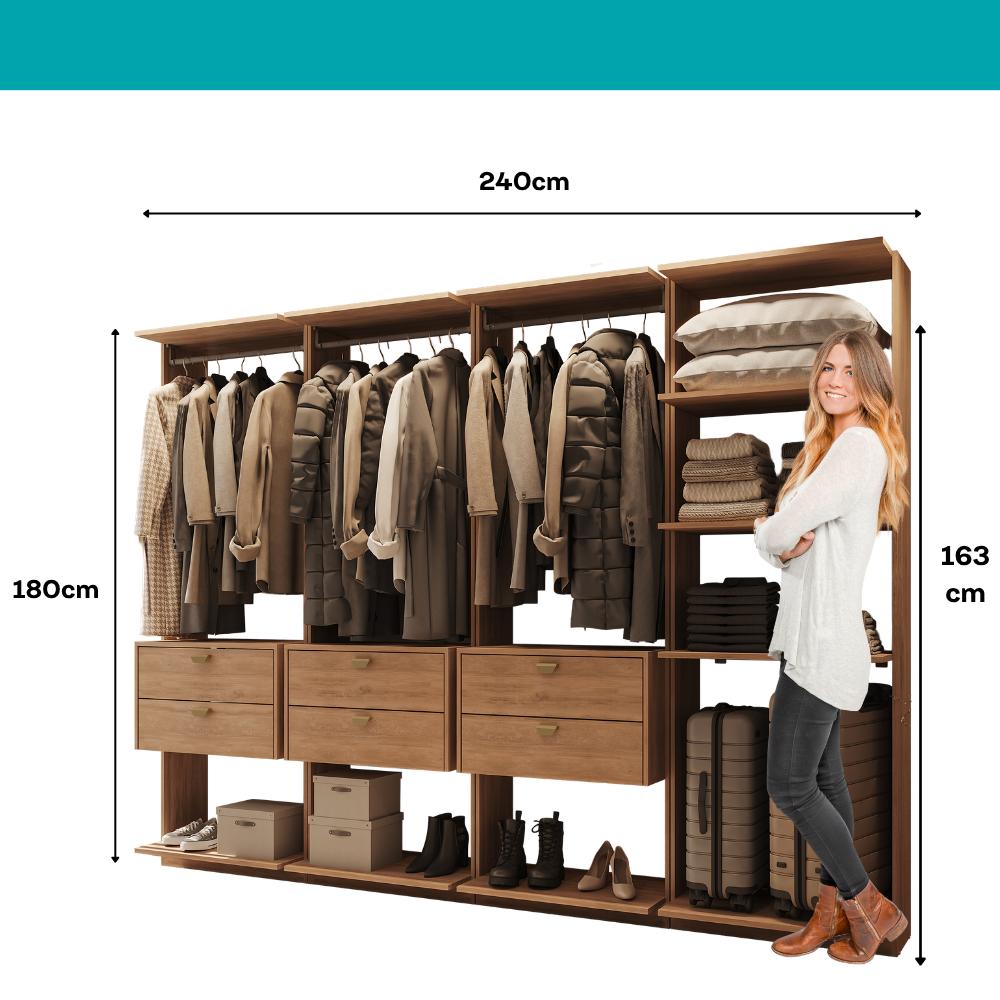Guarda-Roupas Closet Modulado Alasca 240cm 4 Peças com 6 Gavetas e Cabideiros Freijó Carraro