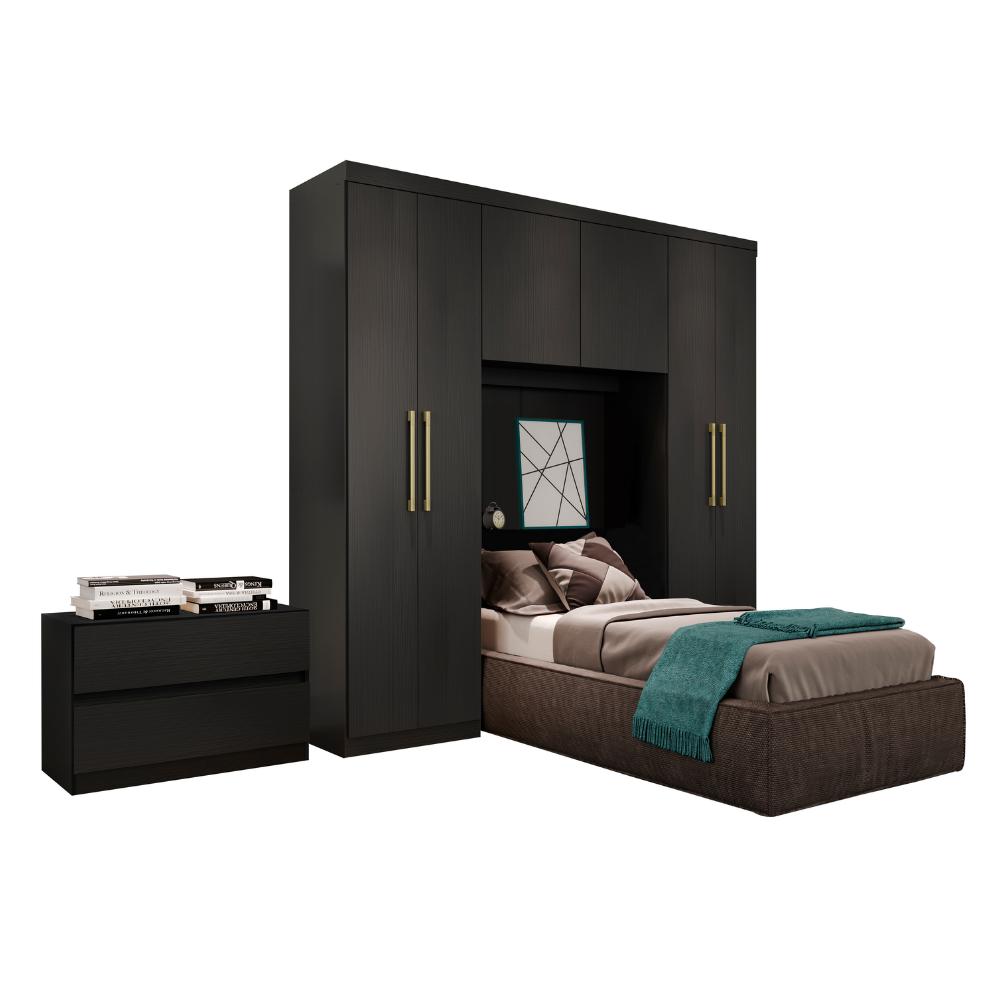 Guarda Roupa Solteiro 6 Portas 2 Gavetas Porto Preto com Cabeceira-1769016516492
